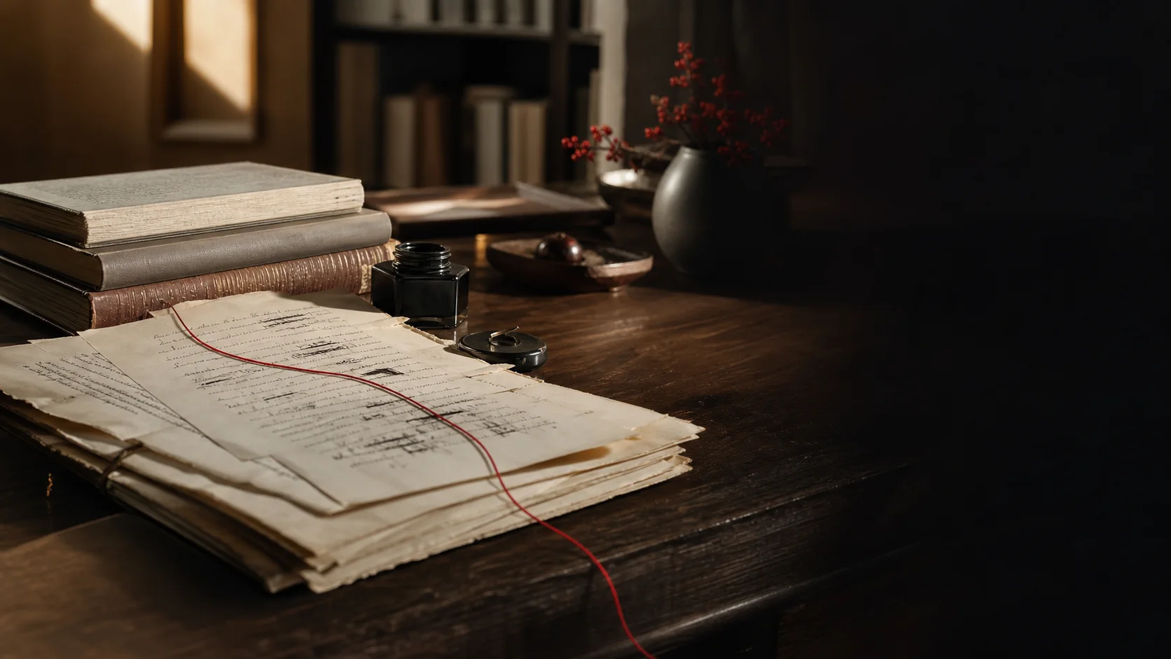 Editorial workspace with books and paper